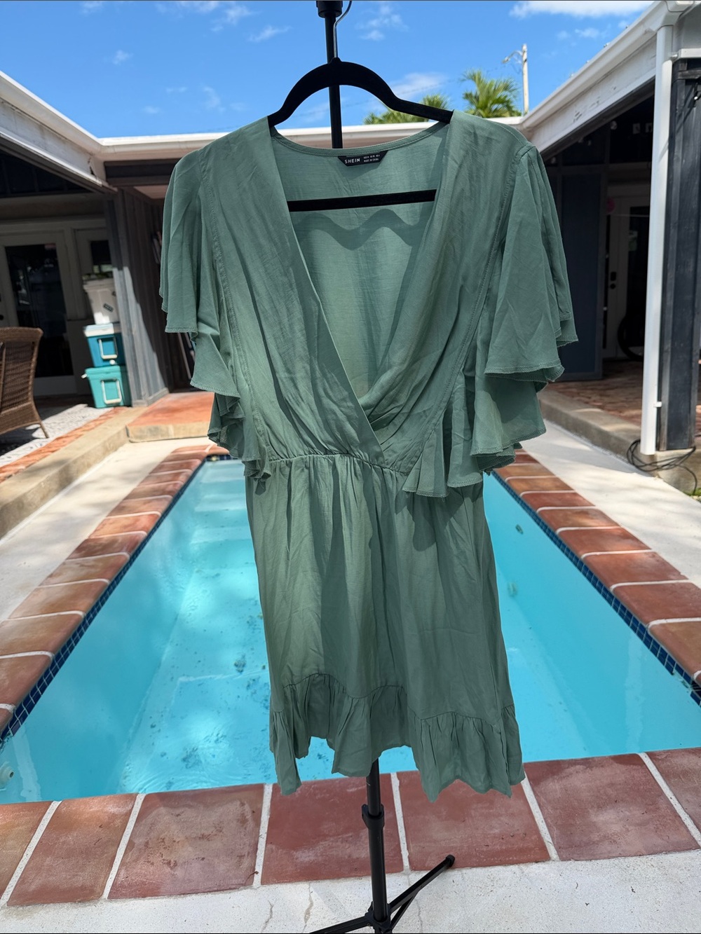 SHEIN Sage Green Ruffle Wrap Midi Dress